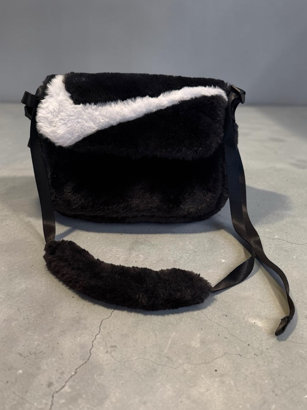 Nike Black and White Faux Fur Crossbody Bag